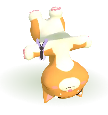 Kitty the ginger cat lying belly-up on her back, wiggling her paws in the air while a purple butterfly flutters by her nose
