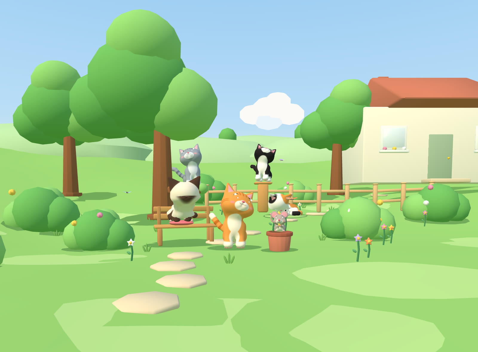 A sunny garden where a ginger cat waves, other cats relax on a bench, a fence post and the grass, and a little mouse peeks out of a flower pot